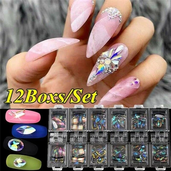 12 коробок/набор 3D AB Блестящие бриллианты, блестки для ногтей, горный хрусталь, наконечники для маникюра, стекло, хрусталь, декор для ногтей, украшения для ногтей