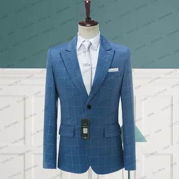2023 Новое поступление, мужской деловой Повседневный Модный Приталенный Синий клетчатый костюм, мужские высококачественные свадебные смокинги, пиджаки, пальто