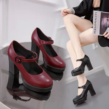 2024 Новые туфли Мэри Джейн на массивной платформе, женские туфли-лодочки на высоком каблуке, женские вечерние туфли на толстом каблуке с круглым носком, офисные женские туфли