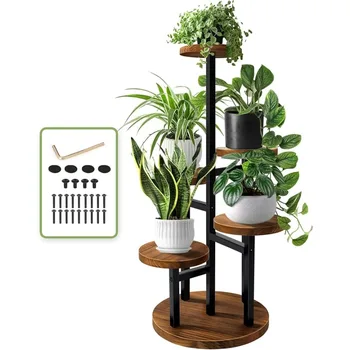 AUGOSTA 5-ярусная подставка для растений, высокий металлический держатель для деревянных полок для комнатных растений, садовых растений на открытом воздухе