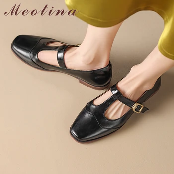 Meotina/ Женские туфли на плоской подошве из натуральной кожи с Т-образным вырезом, квадратный носок, пряжка, Лаконичный брендовый дизайн, женская модная обувь, весна-осень, черный, коричневый цвет