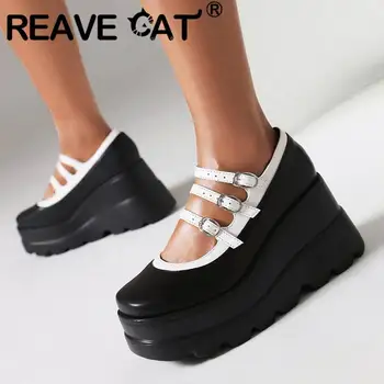 REAVE CAT/ готические женские туфли-лодочки на танкетке с квадратным носком 9 см, двойная платформа 5 см, ремешок с пряжкой, разноцветная обувь, большие размеры 41, 42, 43, обувь для отдыха