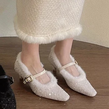 Блестящие пушистые туфли на среднем каблуке, женские весенние неглубокие туфли 2024, Дизайнерские Элегантные модельные туфли, Роскошные туфли-лодочки с квадратным носком, Zapatos Mujer