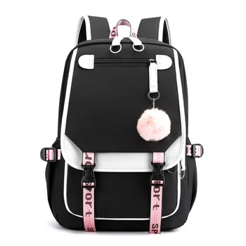 большие школьные сумки для модных черно-розовых подростков, школьный рюкзак для девочек-подростков, USB-порт, холщовый школьный рюкзак, студенческая сумка для книг mochila