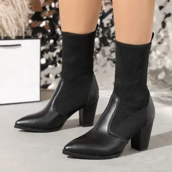 В продаже женская обувь 2023, Новые женские ботинки с рукавами, зимние однотонные туфли с острым носком, женские стрейчевые сапоги на толстом каблуке средней длины