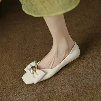 Весенне-осенние женские туфли-лодочки с большим бантом, модельные туфли с квадратным носком на низком каблуке, свадебные туфли с жемчугом, женские слипоны для новобрачных 9810N
