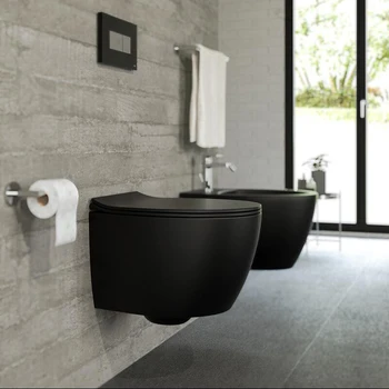 Высококачественный современный европейский настенный подвесной цветной керамический унитаз без оправы для ванной комнаты матово-черный в комплекте с настенным унитазом