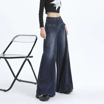 Джинсовые расклешенные брюки большого размера для женщин, винтажные джинсовые брюки с кисточками на широких штанинах и карманом на молнии, модные брюки