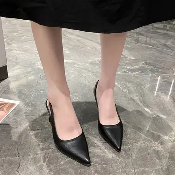 Женские босоножки Baotou на высоком толстом каблуке, весенние новые тонкие туфли с острым носком, черная рабочая обувь на высоком каблуке