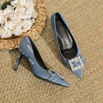 Женские Босоножки на высоком каблуке; Пикантные женские туфли на тонком Каблуке с заостренными кончиками; универсальные туфли-лодочки синего цвета; Женская обувь высотой 8 см