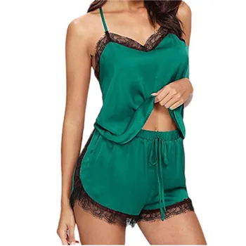 Женский пижамный комплект с зеленой кружевной отделкой, короткий пижамный комплект, модальная пижама без рукавов с V-образным вырезом и завязками на талии.