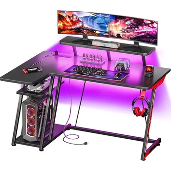 Игровой стол L-образной формы со светодиодной подсветкой и розетками, столик для ноутбука, прикроватный столик, угловой стол с текстурой из углеродного волокна