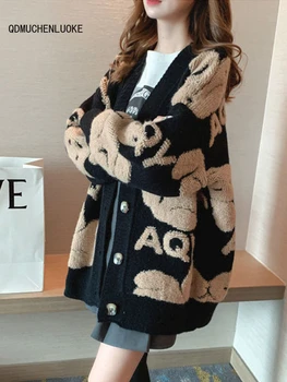 Кардиган для женщин 2023, новинка в корейском стиле, осенне-зимний модный топ с длинным рукавом, свободный вязаный свитер с мультяшным медведем с V-образным вырезом, Свитера