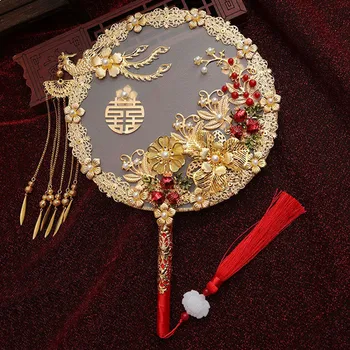 Китайские винтажные круглые веера, Веер из сплава в форме Феникса, Ручной веер с кисточкой в виде золотого цветка, Прочный веер для свадебной группы невест