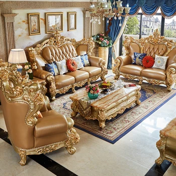 Комбинация диванов из натуральной кожи в европейском стиле, роскошная гостиная на вилле, полностью отделанная резьбой по дереву, полный комплект мебели для дома.