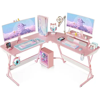 Компьютерный стол Бесплатная доставка, Угловой компьютерный стол L-образной формы с подставкой для монитора, подстаканником и крючком для наушников для женщин и девочек в подарок