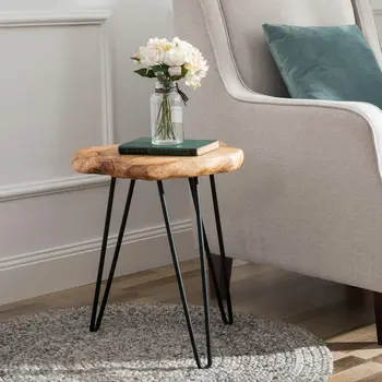 Маленький табурет естественной формы, приставной столик и подставка с 3 ножками-шпильками, торцевой столик из натурального дерева 12 