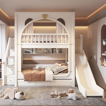 Милая белая детская кровать принцессы для девочек, Большое место для хранения, Детские кровати из массива дерева, Современная двухъярусная мебель для спальни с подсветкой WZ