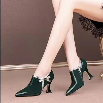 Модные весенние женские туфли на высоком каблуке с острым носком, галстук-бабочка, женская обувь на молнии сбоку, черные, зеленые, женские туфли на высоком каблуке.
