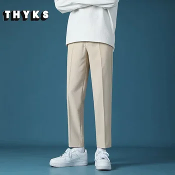 Мужские однотонные повседневные брюки-карандаш Harajuku, свободные износостойкие деловые укороченные брюки с прямой трубкой, мужские весенние брюки
