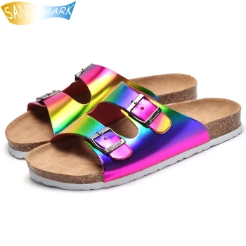 Новые модные Летние Женские тапочки цвета Радуги, пробковые повседневные сандалии на платформе, женская уличная пляжная обувь с двойной пряжкой