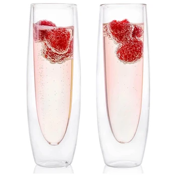 Стеклянные бокалы для шампанского из 2шт, Двухслойные игристые бокалы без ручек, Высококачественные бокалы для красного вина, Прозрачные бокалы