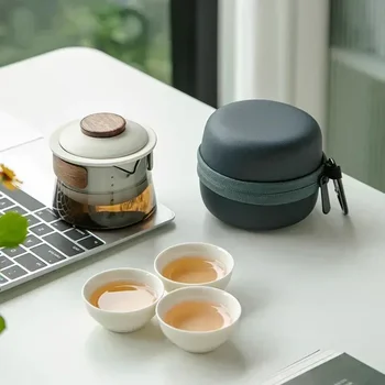 Стеклянные дорожные чайные сервизы Zen Чайник и чайная чашка Современная простота портативных чайных принадлежностей для дома на открытом воздухе с сумкой для хранения