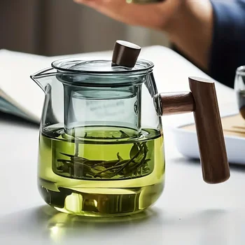 Стеклянный чайник с деревянной ручкой, Китайский чайник из термостойкого стекла, Прозрачный чайник для приготовления чая на пару, Стеклянный чайник Для заварки чая