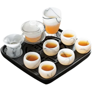 Стеклянный Чайный сервиз Кунг-фу Светло-Роскошная Чашка для чая Кунг-фу из белого Нефрита, Домашняя Чаша с крышкой, Высококачественное Стекло высокого класса