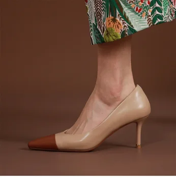 Туфли на высоком каблуке с квадратным носком в Корейском стиле, Элегантные женские туфли-лодочки из натуральной воловьей кожи, тонкие каблуки 7 см, разноцветные туфли-лодочки для вечернего платья на каблуке