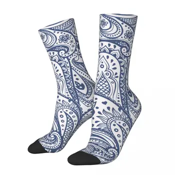 Хип-хоп винтаж Пейсли Синий фон с цветочным дизайном Сумасшедшие мужские носки Унисекс в стиле Пейсли Уличный стиль с принтом Crew Socks