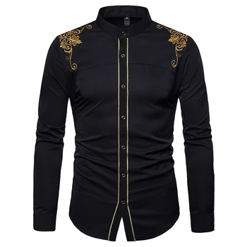 Черная рубашка с воротником-стойкой с вышивкой, мужская брендовая приталенная рубашка на пуговицах с длинным рукавом, мужская рубашка-смокинг для выпускного вечера. 2023