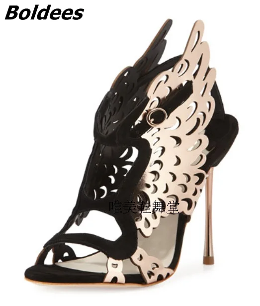 Гламурные черные замшевые крылья бабочки Босоножки на тонком высоком каблуке Стильные женские модельные туфли с открытым носком и пряжкой Модные сандалии Горячая распродажа