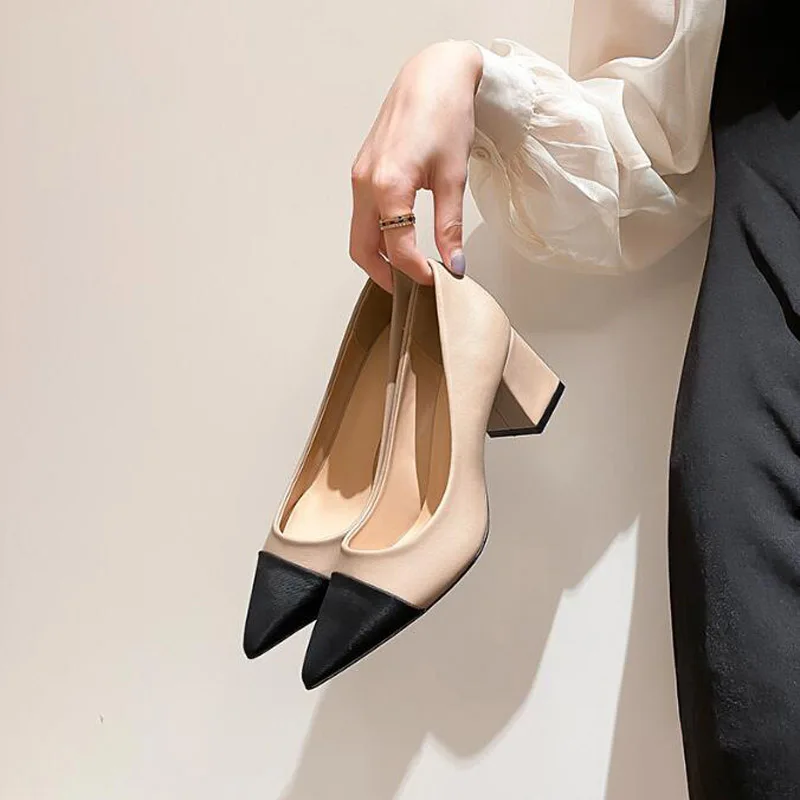 Новые поступления, весенние Черные туфли-лодочки абрикосового цвета С острым носком и бусинами, Свадебные туфли на высоком каблуке 5 см, Французские Женские Бисерные размеры 34 ~ 40