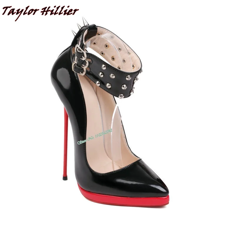 Высококачественные туфли-лодочки на сверхвысоком каблуке 16 см, туфли на шпильке с заклепками и острым носком, пикантные женские туфли для подиума и ночного клуба, сценическая обувь для женщин.